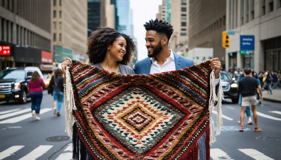 A diverse couple standing together while holding an intricate, colorful tapestry symbolizing the complexities and uniqueness of modern marriage.