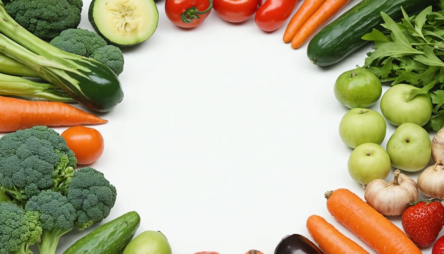 Colorful arrangement of fruits, vegetables, grains, and proteins showing food variety and abundance