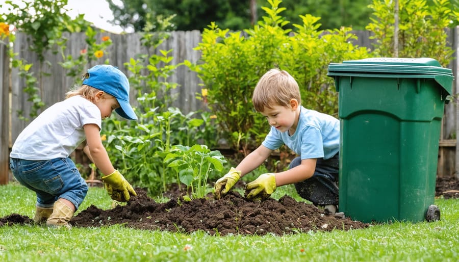 Kids learning about sustainability while gardening and composting