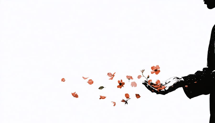 Hands releasing flower petals into the wind, representing release and letting go