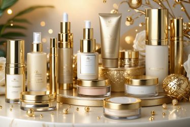 A sophisticated arrangement of luxury beauty products with opulent gold packaging, elegantly displayed to convey premium quality and exclusivity.