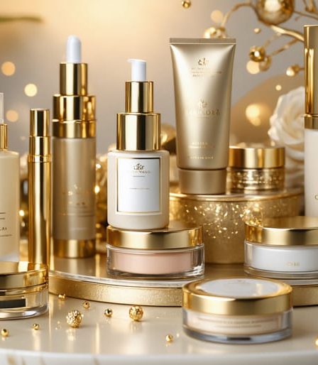 A sophisticated arrangement of luxury beauty products with opulent gold packaging, elegantly displayed to convey premium quality and exclusivity.