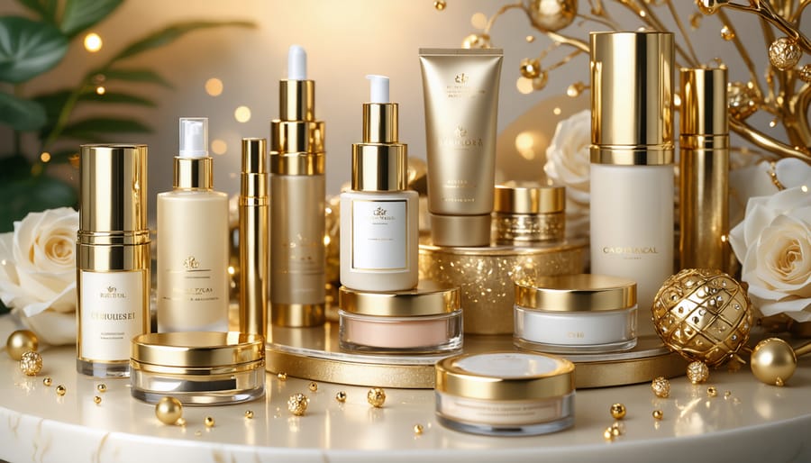 A sophisticated arrangement of luxury beauty products with opulent gold packaging, elegantly displayed to convey premium quality and exclusivity.