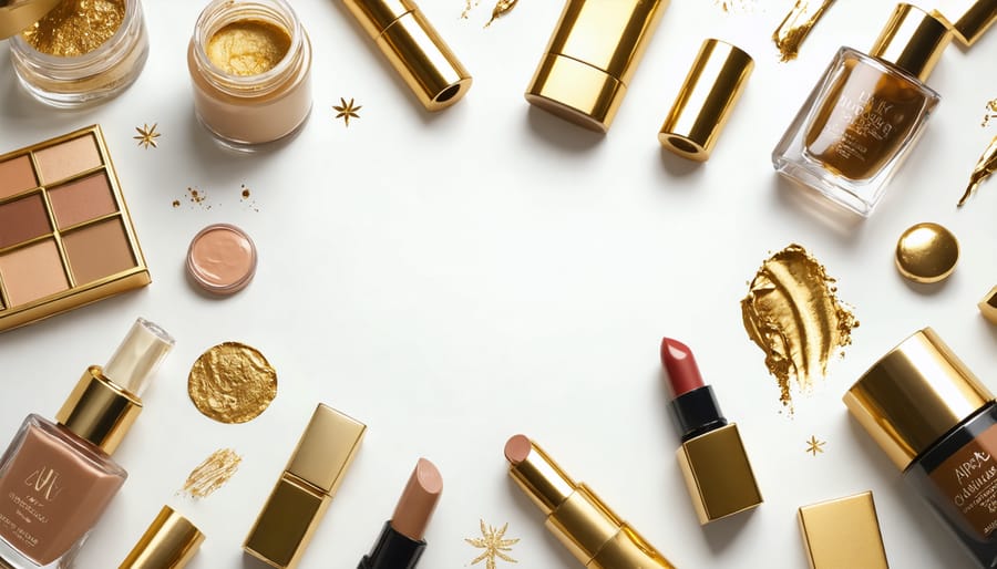 High-end beauty products arranged elegantly with luxury packaging and gold accents