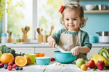 Preschool child joyfully engaging in a cooking activity, using colorful, child-safe kitchen tools, surrounded by fresh fruits and baking supplies, in a transformed kitchen classroom setting.