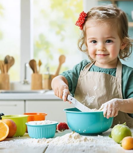 Preschool child joyfully engaging in a cooking activity, using colorful, child-safe kitchen tools, surrounded by fresh fruits and baking supplies, in a transformed kitchen classroom setting.