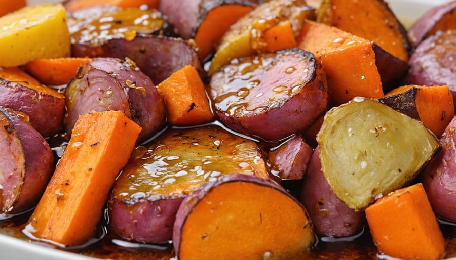 Roasted carrots, parsnips, and sweet potatoes with maple glaze and fresh herbs