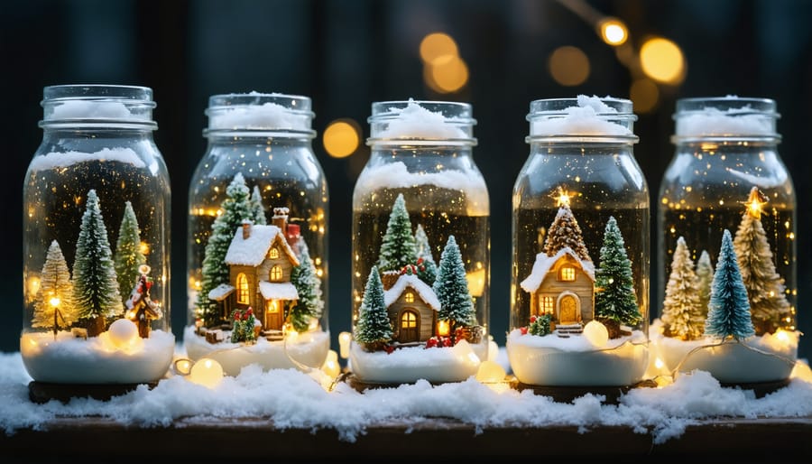 DIY mason jar snow globes with LED lights creating a magical holiday atmosphere