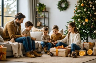 A family gathered around an environmentally friendly Christmas tree, adorned with natural, handmade decorations, celebrating with simple joys and a focus on togetherness.