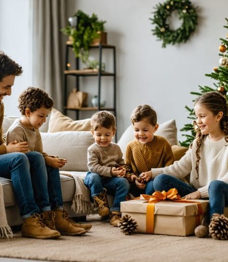 A family gathered around an environmentally friendly Christmas tree, adorned with natural, handmade decorations, celebrating with simple joys and a focus on togetherness.