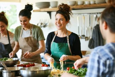 Woman happily engaging in a hands-on pasta-making cooking class with a group, highlighting the joy of shared experiences and personal growth.