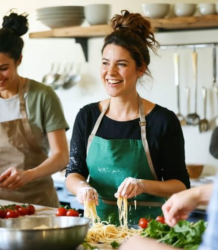 Woman happily engaging in a hands-on pasta-making cooking class with a group, highlighting the joy of shared experiences and personal growth.