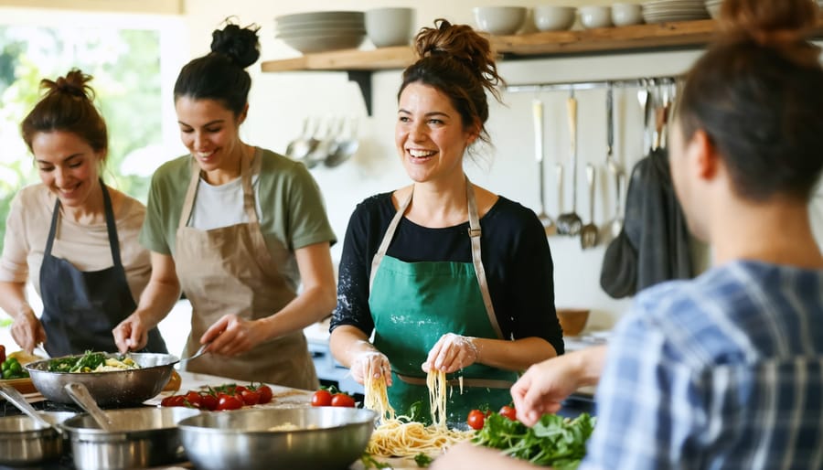 Woman happily engaging in a hands-on pasta-making cooking class with a group, highlighting the joy of shared experiences and personal growth.