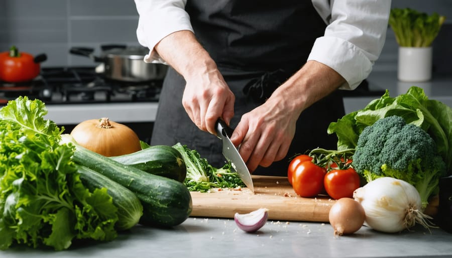 Close-up of hands mindfully preparing fresh ingredients in a bright kitchen setting