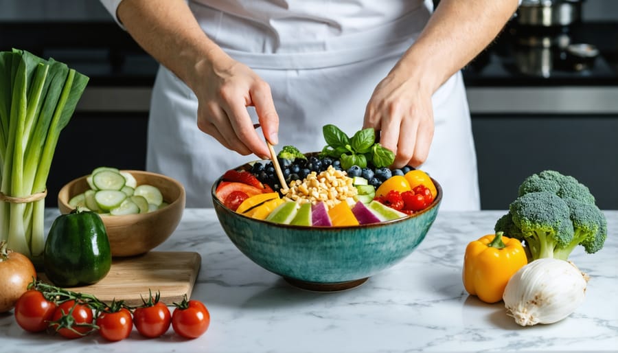 Mindful food preparation of a healthy Buddha bowl in a serene kitchen setting