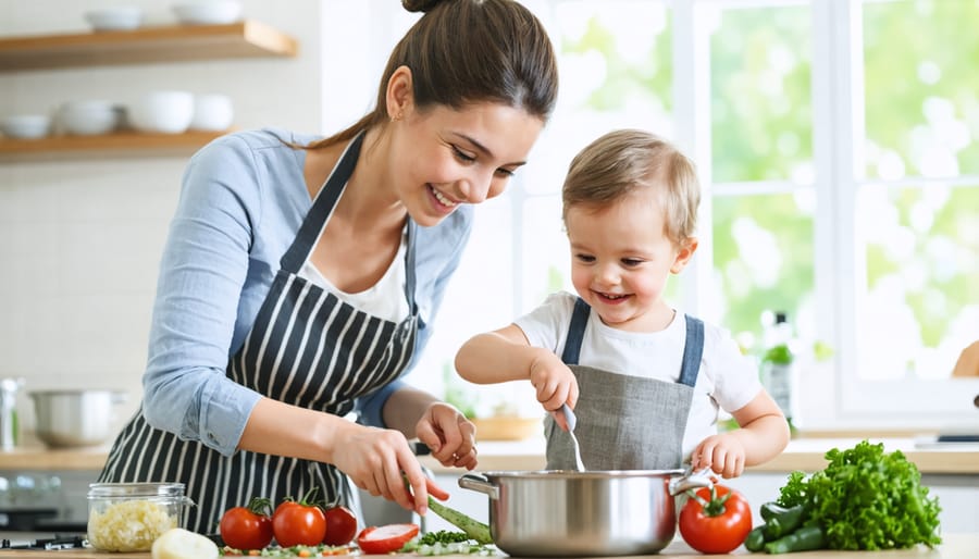 Parent and child enjoying quality time while cooking together in the kitchen