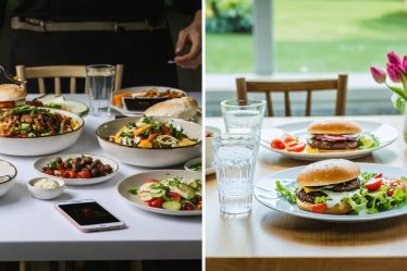 Split-screen illustration contrasting rushed, distracted eating with a serene, mindful eating environment, highlighting the transformation towards conscious dining habits.