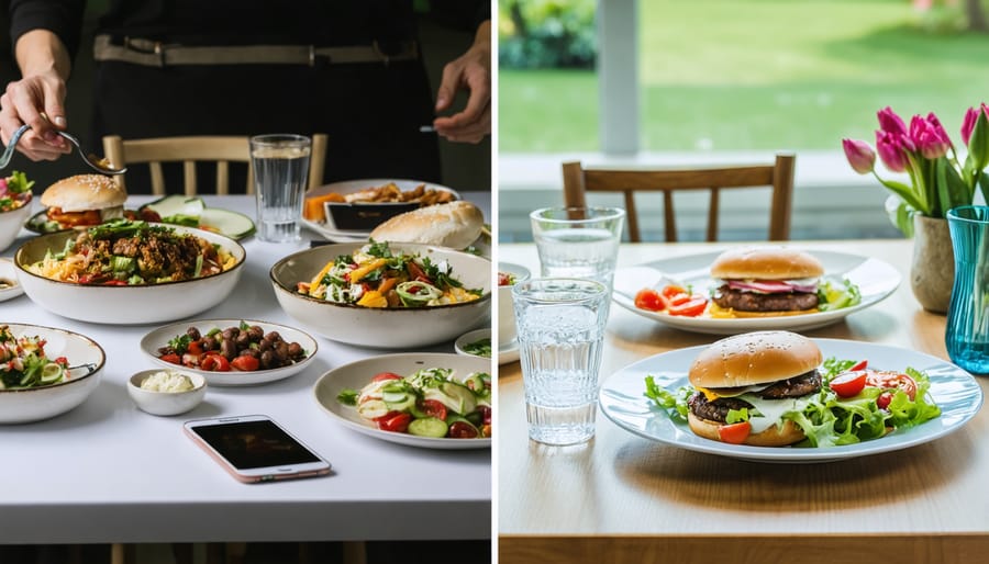 Split-screen illustration contrasting rushed, distracted eating with a serene, mindful eating environment, highlighting the transformation towards conscious dining habits.