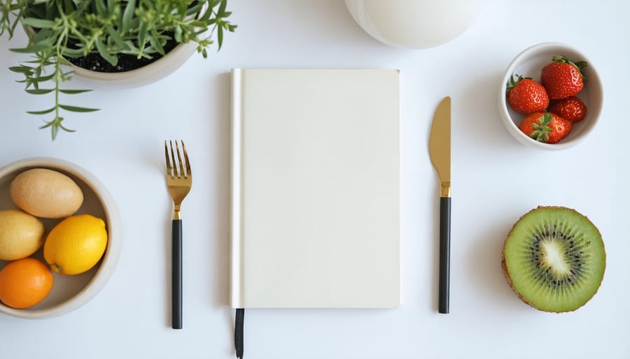 Organized table setting featuring a mindful eating journal, fresh food, and written prompts