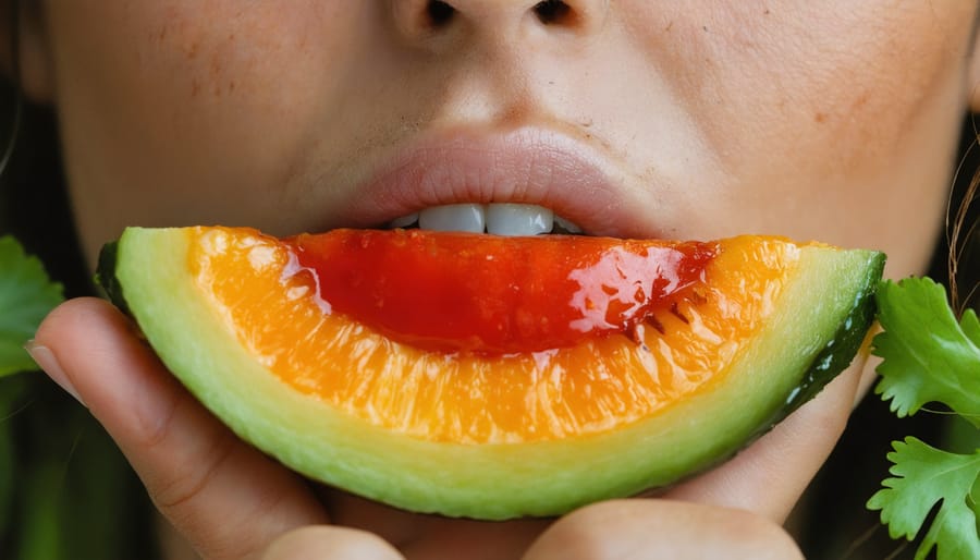 Person holding and observing a vibrant piece of fruit, demonstrating sensory awareness in mindful eating