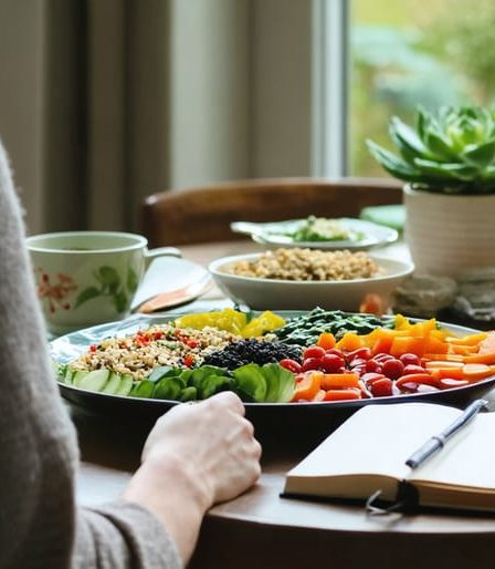 A person peacefully examining their balanced meal with colorful vegetables and grains, accompanied by mindful elements like a journal and a cup of herbal tea, illustrating the concept of mindful eating in a serene dining environment.