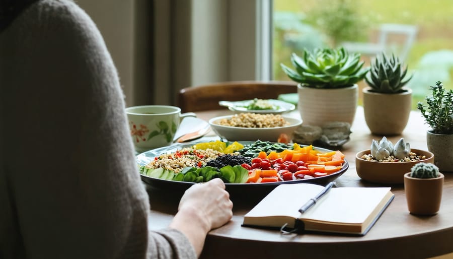 A person peacefully examining their balanced meal with colorful vegetables and grains, accompanied by mindful elements like a journal and a cup of herbal tea, illustrating the concept of mindful eating in a serene dining environment.