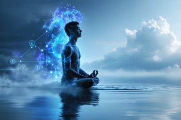 A person meditating with emotion centers highlighted, set against a background of waves and clouds, representing mindful emotion awareness.