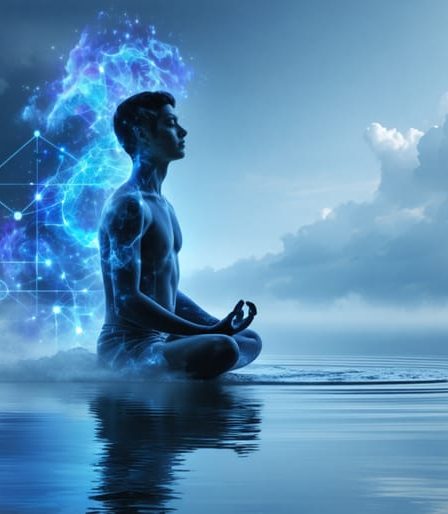 A person meditating with emotion centers highlighted, set against a background of waves and clouds, representing mindful emotion awareness.