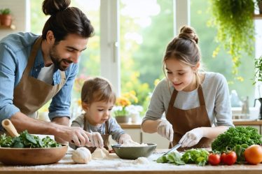 A family enjoying a mindful activity together, illustrating the calm and connection of mindful parenting in a warm home setting.