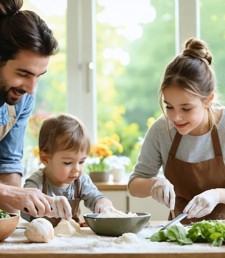 A family enjoying a mindful activity together, illustrating the calm and connection of mindful parenting in a warm home setting.