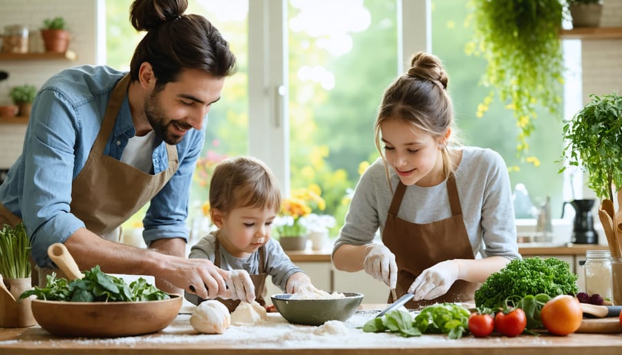 A family enjoying a mindful activity together, illustrating the calm and connection of mindful parenting in a warm home setting.