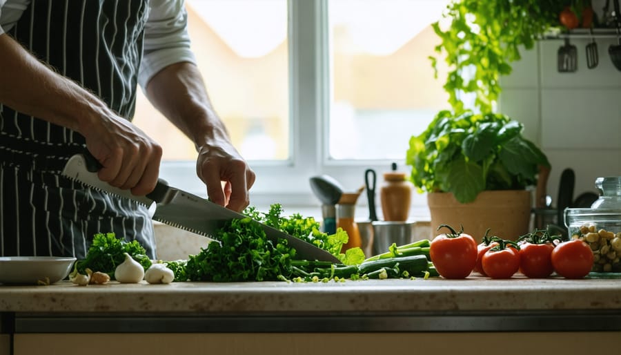 Cook practicing mindful food preparation while chopping colorful vegetables