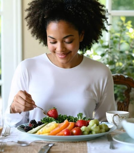 A person sitting at a dining table, mindfully enjoying a colorful meal in a peaceful environment, symbolizing the balance of mindful and intuitive eating practices.