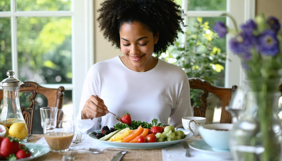 A person sitting at a dining table, mindfully enjoying a colorful meal in a peaceful environment, symbolizing the balance of mindful and intuitive eating practices.