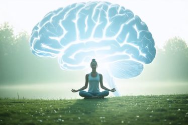 Illustration of a person performing a gentle stretch in a tranquil natural setting, with a subtle brain outline in the background, symbolizing the connection between movement and mental peace.