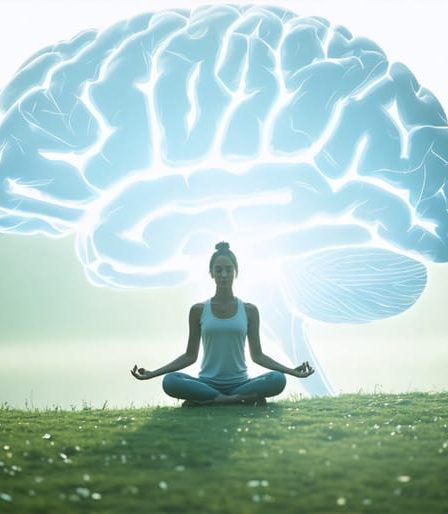 Illustration of a person performing a gentle stretch in a tranquil natural setting, with a subtle brain outline in the background, symbolizing the connection between movement and mental peace.