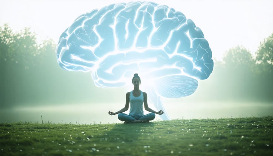 Illustration of a person performing a gentle stretch in a tranquil natural setting, with a subtle brain outline in the background, symbolizing the connection between movement and mental peace.