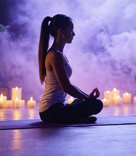 Person practicing gentle yoga stretches in a softly lit room with meditation cushions and flameless candles, embodying the peace of a mindful movement session before bed.