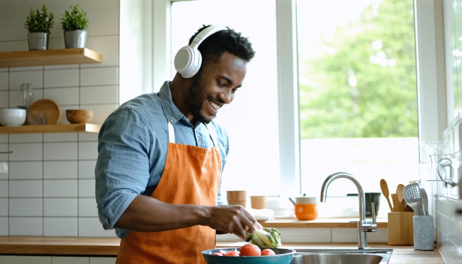 A parent listening to a podcast while multitasking in the kitchen