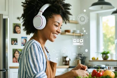 A parent smiling and listening to a podcast with headphones while multitasking in the kitchen, depicting the integration of podcast learning into daily family life.