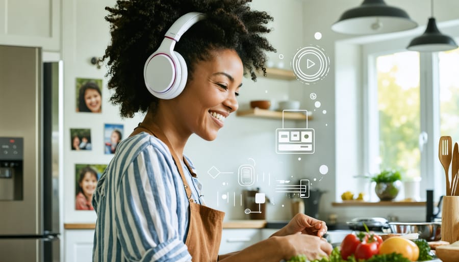 A parent smiling and listening to a podcast with headphones while multitasking in the kitchen, depicting the integration of podcast learning into daily family life.