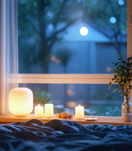 Peaceful bedroom setting with a person practicing yoga, showcasing a tranquil environment for mindful, restorative sleep.