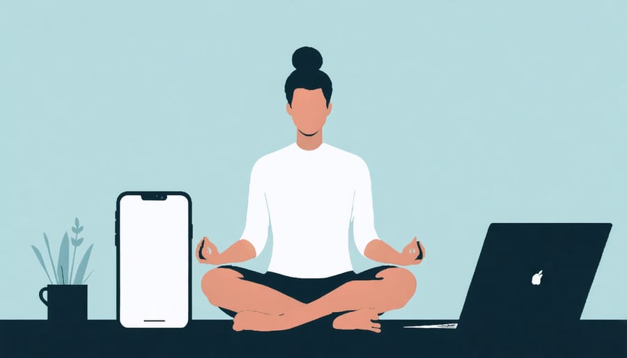 Individual in meditation pose with digital devices placed mindfully to the side