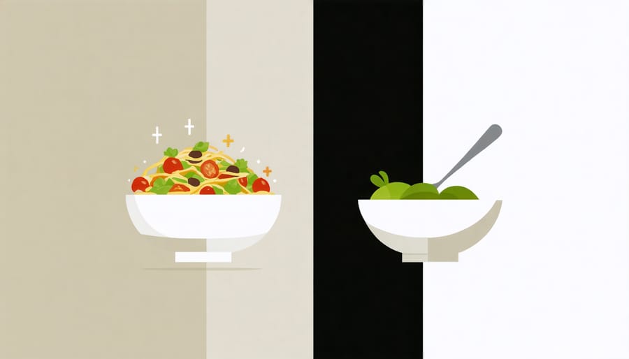 Side-by-side comparison of mindful eating (peaceful mealtime) versus diet culture (calorie counting)