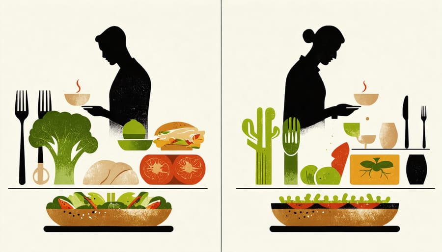 Contrasting images showing rushed eating with distractions versus peaceful mindful eating practice