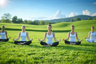 Diverse group of individuals practicing yoga in a serene field, each in a different pose, symbolizing mindfulness and presence in movement.