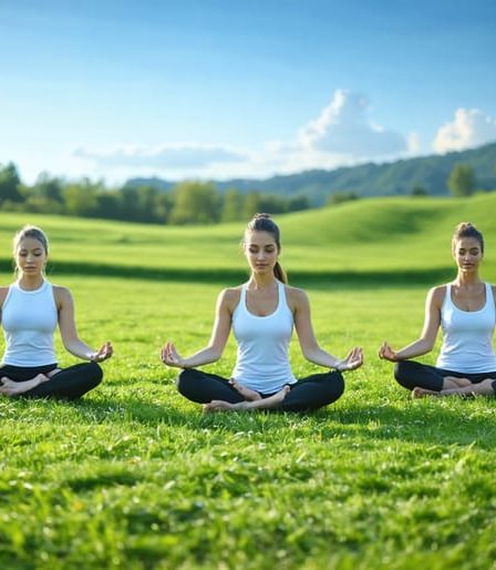 Diverse group of individuals practicing yoga in a serene field, each in a different pose, symbolizing mindfulness and presence in movement.