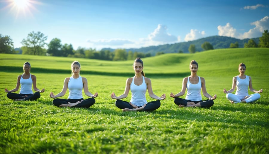 Diverse group of individuals practicing yoga in a serene field, each in a different pose, symbolizing mindfulness and presence in movement.