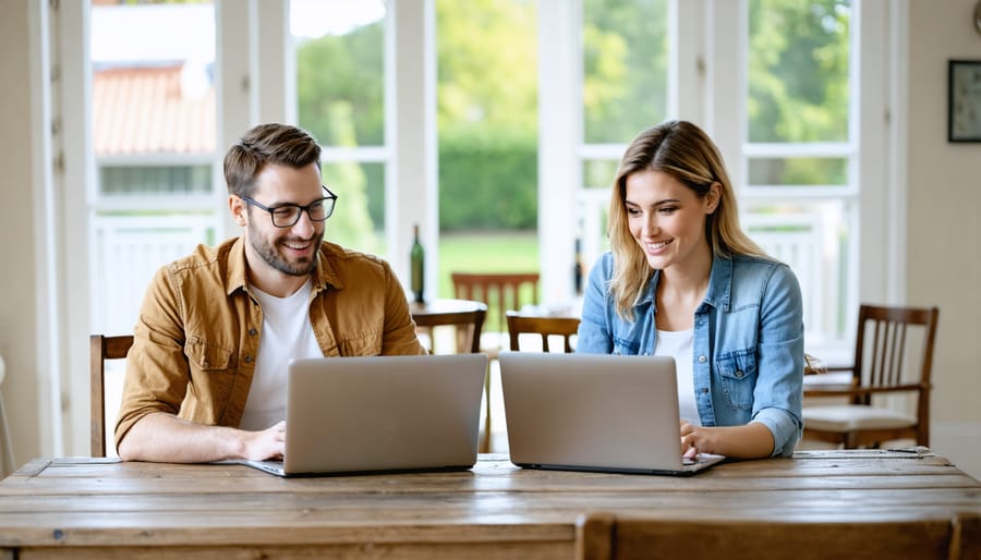 Split-screen view of couple working remotely from different rooms, illustrating modern work-life balance challenges