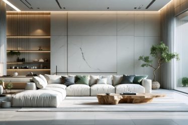 A serene modern living room with minimalist design, featuring uncluttered surfaces, minimalist furniture, and a few carefully chosen decorative elements to convey calmness and elegance.